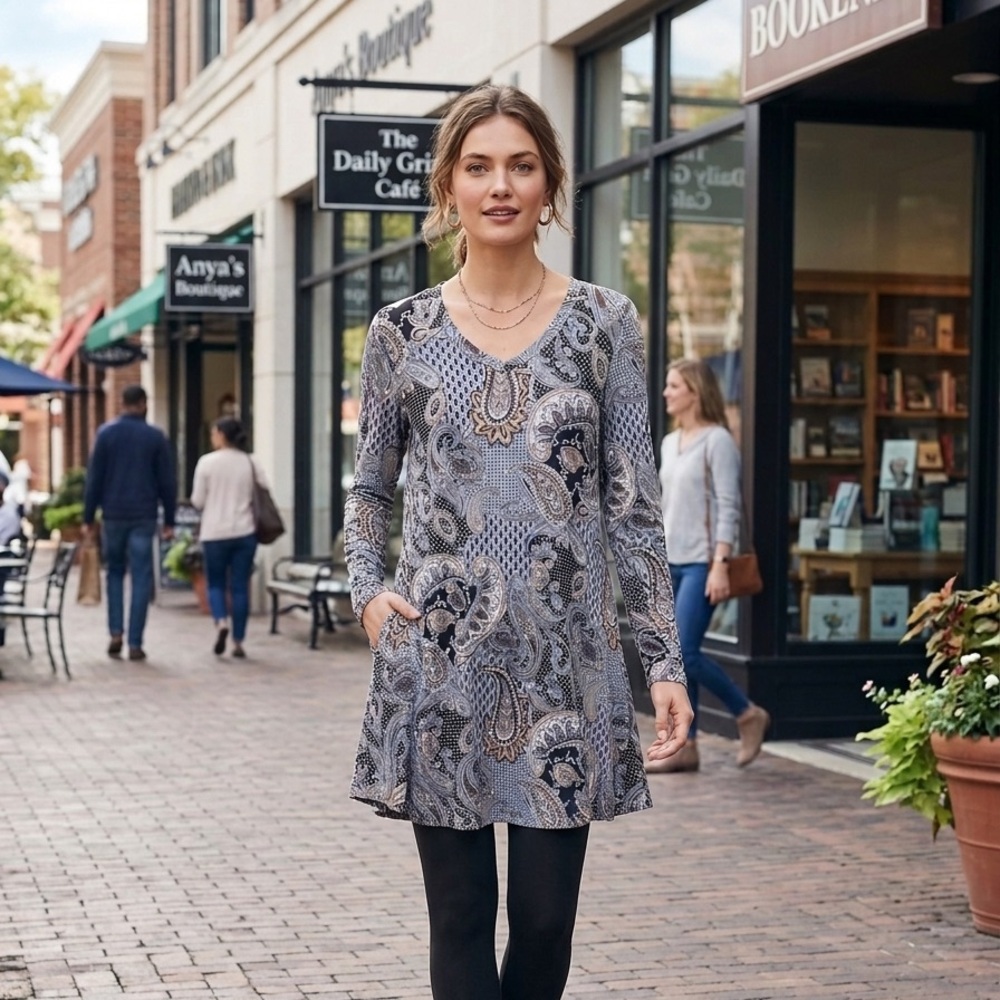 Long Sleeve Paisley Swing Tunic - Gray